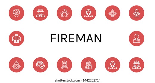 Set of fireman icons such as Firefighter, Fireman, Firewoman, Hydrant, Fire hydrant, Car on fire, Pilot, Firefighter uniform , fireman