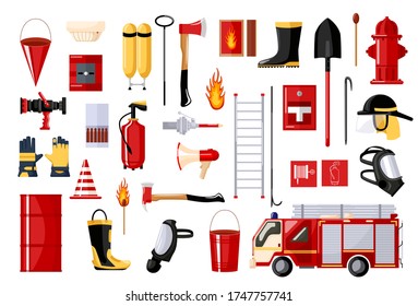 Set of fireman on white background. fire fighting vehicle and hydrant, helmet, hose, extinguisher, ladder, gas mask. Flat style vector illustration.