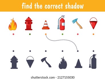 Set of fireman profession items, fire, fire extinguisher, hydrant. Find the correct shadow. Educational game for children. Cartoon vector illustration, color clipart