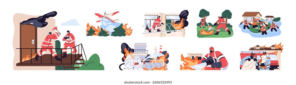 Set of firemen are fighting with flame. Firefighters put out fire with equipment. 911 workers rescue people from emergency accidents, disasters. Flat isolated vector illustrations on white background