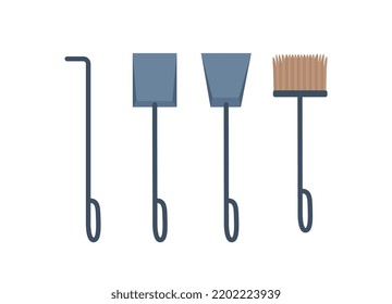 Set of fireplace accessories. Stickers with metal shovels, poker and broom or brush for caring for hearths. Design elements for apps. Cartoon flat vector illustration isolated on white background