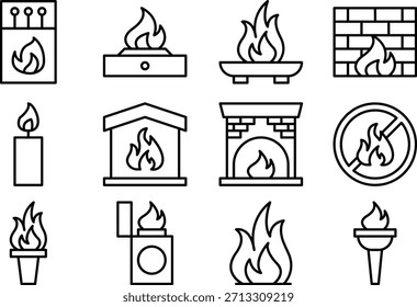 Satz von Kamin- und Flammensymbolen einzeln auf transparentem Hintergrund