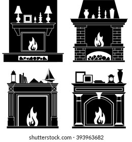 Set of fireplaces silhouettes. Vector illustration. Icons of different fireplaces isolated on white background