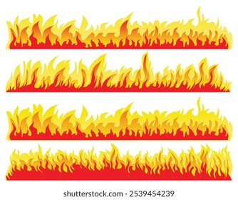 Conjunto de coleções de ícones de incêndios. Isolamento da borda da linha de chama. Ilustração de faixa laranja ardente. Bandeira flamejante, elemento inflamável. Fogueira de animação, chamas de fogo, fogo selvagem, chamas vermelhas