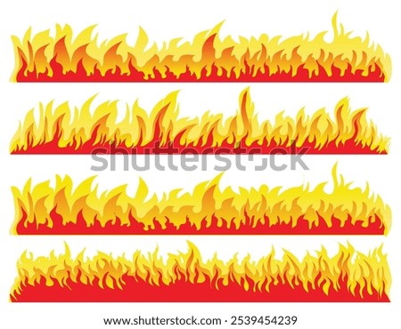 Set of fires icon collection. Flame line border isolation. Illustration of orange burning strip. Fire blazing banner, flammable element. Cartoon campfire, fire flames, heat wildfire, red fiery flames