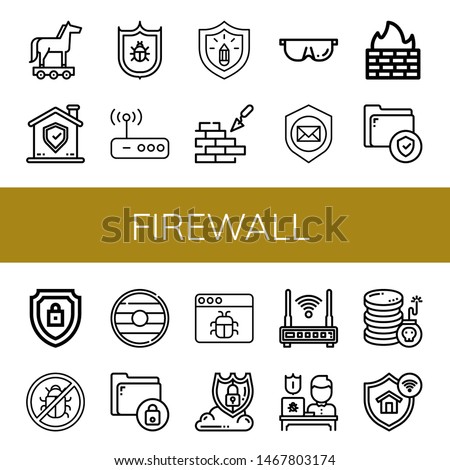 Set of firewall icons such as Trojan horse, Shield, Antivirus, Router, Protection, Brickwall, Protective, Firewall, Secure, Encrypted, Malware, Data protection, Cyber attack , firewall
