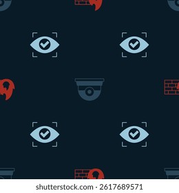 Set Firewall, security wall, Security camera and Eye scan on seamless pattern. Vector