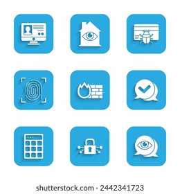 Configurar cortafuegos, muro de seguridad, Ciberseguridad, Exploración ocular, Marca de verificación en la burbuja de voz, Protección por contraseña, Huella digital, Tarjeta de crédito de error del sistema y Crear icono de pantalla de cuenta. Vector