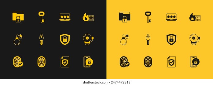 Establecer cortafuegos, muro de seguridad, huella digital, escudo con cerradura, escudo de contrato, llave, Contraseña de ordenador portátil, carpeta e icono de llave antigua. Vector