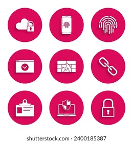 Set Firewall, security wall, Laptop protected with shield, Lock, Chain link, Identification badge, Secure your site HTTPS, SSL, Fingerprint and Cloud computing lock icon. Vector