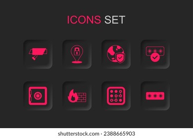 Set Firewall, security wall, Lock, Security camera, Graphic password protection, Password, Shield with world globe and Safe icon. Vector