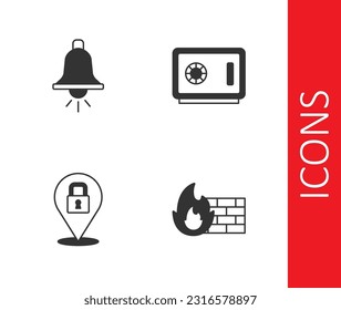 Set Firewall, security wall, Ringing alarm bell, Lock and Safe icon. Vector