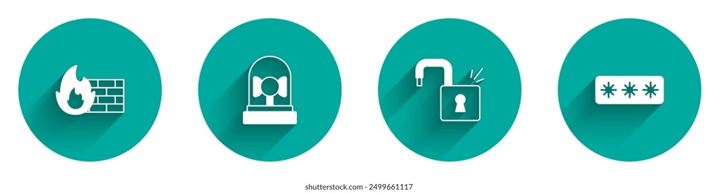 Set Firewall, security wall, Ringing alarm bell, Open padlock and Password protection icon with long shadow. Vector