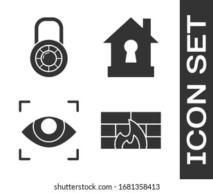 Set Firewall, security wall , Safe combination lock wheel , Eye scan  and House under protection  icon. Vector
