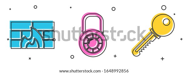 Set Firewall, security wall , Safe\
combination lock wheel  and Key  icon.\
Vector