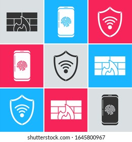 Set Firewall, security wall , Smartphone with fingerprint scanner  and Shield with WiFi wireless internet network icon. Vector