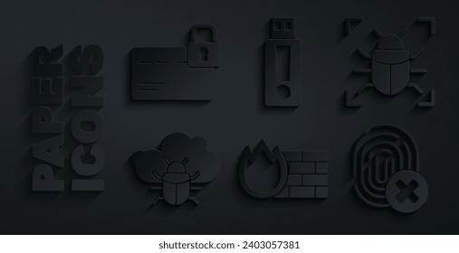 Establece Firewall, muro de seguridad, error del sistema, en la nube, huella digital cancelada, unidad flash USB y tarjeta de crédito con icono de bloqueo. Vector
