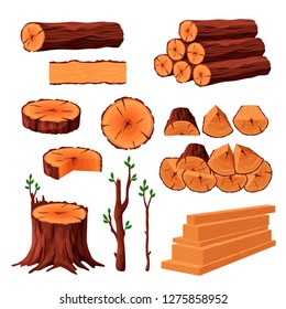 Set of firewood materials for lumber industry isolated on white background. Collection of wood logs stubs tree trunk branches boards. Stump and planks wooden in sawmill - flat vector illustration