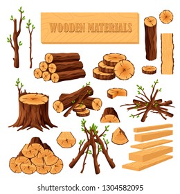 Set of firewood materials for lumber industry isolated on white background. Collection of wood logs stubs tree trunk branches boards. Stump and planks wooden in sawmill - flat vector illustration