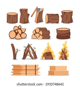 Set of Firewood, Wooden Tree Logs, Round Slices, Burning Fire, Saw Cut Tree Trunks Isolated on White Background. Design Elements, Circular Log Pieces, Manufactured Planks. Cartoon Vector Illustration