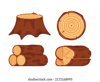 Set of Firewood, Wooden Tree Logs, Round Slices, Stump, Saw Cut Tree Trunk Isolated on White Background. Design Elements, Circular Log Pieces, Manufactured Planks. Cartoon Vector Illustration