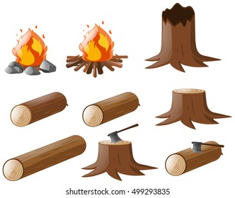 Juego de leña e ilustración de fogata