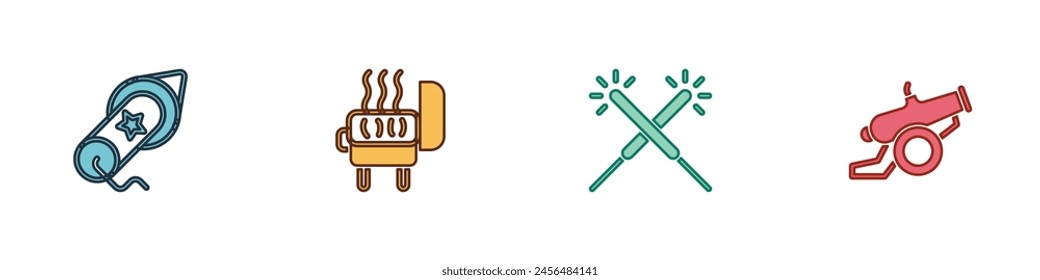 Set Firework, Barbecue grill, Sparkler firework and Cannon icon. Vector