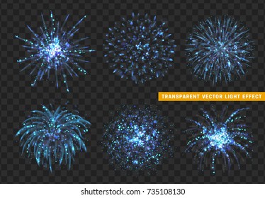 Set of Firework blue isolated. Xmas decoration. Holiday design element. Bright realistic firework with transparent background effect.