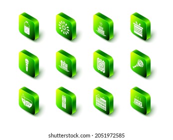 Set Firework, Cake with burning candles, Gift box, Maracas, LSD acid mark, Birthday calendar and  icon. Vector