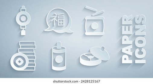 Set Firework, Chinese drum, Yuan currency, tea ceremony, New Year and paper lantern icon. Vector