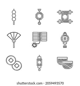 Set Firework, Chinese paper lantern, tea ceremony, Yuan currency, japanese folding fan, Decree, paper, parchment, scroll and Meatballs wooden stick icon. Vector