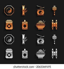 Set Firework, Chinese paper lantern, Decree, paper, parchment, scroll, Asian noodles bowl, Jar of honey, drum, Yin Yang and Bamboo icon. Vector