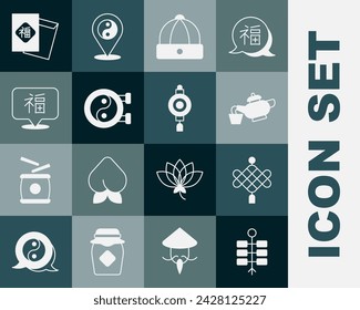 Set Firework, Chinese paper lantern, tea ceremony, hat, Yin Yang symbol, New Year,  and  icon. Vector