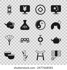 Set Firework, Chinese tea ceremony, fortune cookie, Yuan currency, Dumpling, paper lantern and Yin Yang icon. Vector