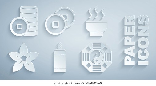 Set Firework, Chinese tea ceremony, Lotus flower, Yin Yang, Yuan currency and  icon. Vector