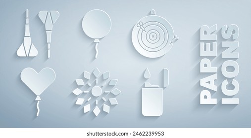 Set Firework, Classic dart board and arrow, Balloon in form of heart, Lighter, with ribbon and Dart icon. Vector