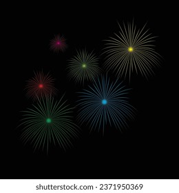 Set of firework colorful icons shining isolated on black background for happy new year and happy birthday banners