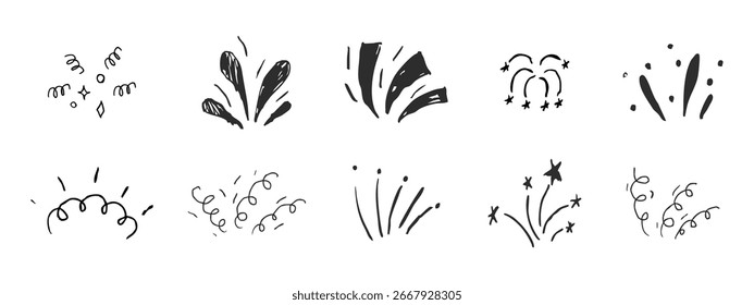 Definir Firework confete faísca explosão de mangá cômico estourar. Doodle mão desenhada linha centelha festa celebração. Conjunto mínimo radial japão.