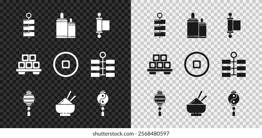 Set Firework, Decree, paper, parchment, scroll, Chinese lantern, Rice bowl with chopstick, Yin Yang, Sushi on cutting board and Yuan currency icon. Vector