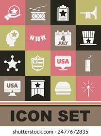 Set Firework, Dynamite bomb, Patriotic American top hat, USA Independence day, Carnival garland with flags, Head,  and Calendar date July 4 icon. Vector