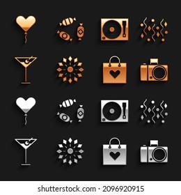 Set Firework, Festive confetti, Photo camera, Shopping bag with heart, Martini glass, Vinyl player vinyl disk, Balloon form of and Candy icon. Vector