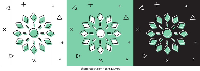 Set Firework icon isolated on white and green, black background. Concept of fun party. Explosive pyrotechnic symbol.  Vector Illustration