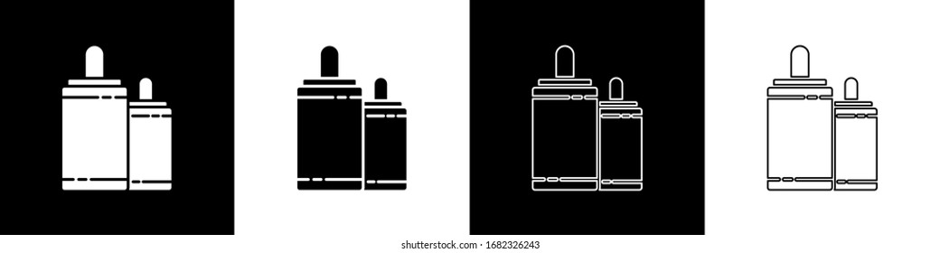 Legen Sie das Firework-Symbol einzeln auf schwarz-weißem Hintergrund fest. Konzept der lustigen Party. pyrotechnisches Symbol für Explosivstoffe. Vektorillustration-Illustration