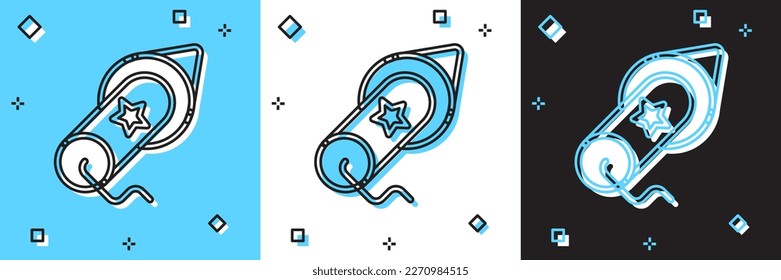 Set Firework icon isolated on blue and white, black background. Concept of fun party. Explosive pyrotechnic symbol.  Vector