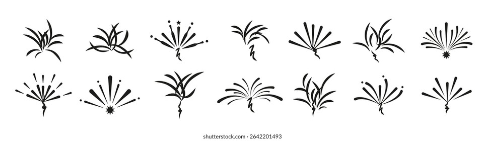 Set of firework icons. Confetti, salute, petard, firework icons in black. Fireworks logo