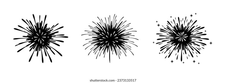 Set of firework icons. Fireworks with stars and sparks .Firework simple black line icons.	