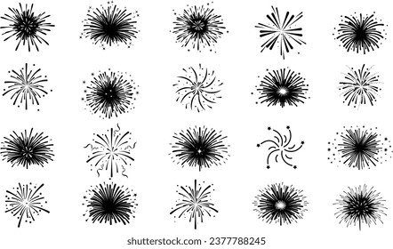 Set of firework icons. Fireworks with stars and sparks .Firework simple black line icons