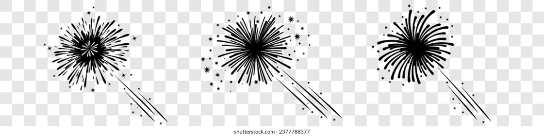 Set of firework icons. Fireworks with stars and sparks isolated on transparent background .Firework simple black line icons.	