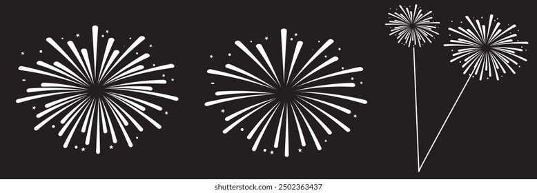 Conjunto de iconos de fuego artificial. Fuegos artificiales con estrellas y chispas aisladas sobre fondo negro. Fuegos artificiales simples iconos de línea blanca aislados sobre fondo negro. Ilustración vectorial. EPS 10