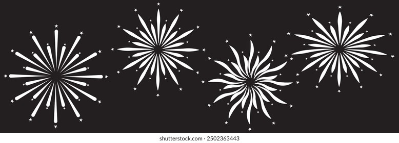 Set of firework icons. Fireworks with stars and sparks isolated on black background. Firework simple white line icons isolated on black background. Vector illustration. EPS 10
